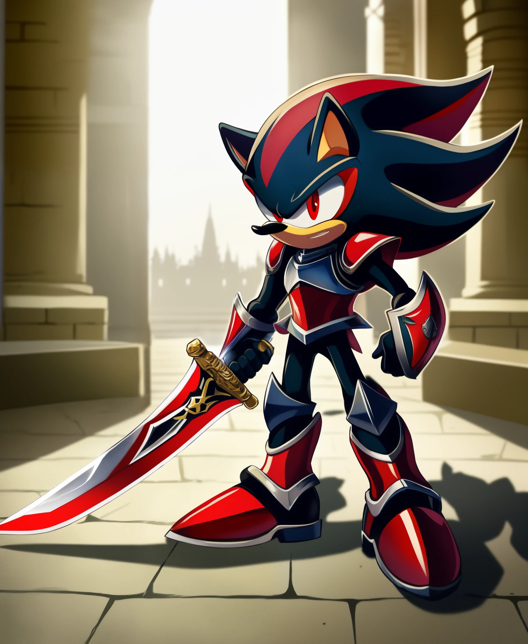 full body, Shadow the hedgehog, knight armor, holding sword,