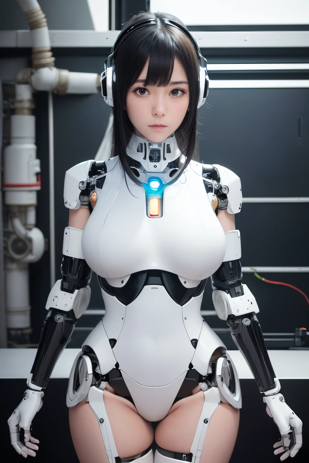 masterpiece, best quality, extremely detailed, (photorealistic:1.4), (RAW photo) (RAW photo) (8K, 4K, Best Quality, hight resolution, 超A high resolution:1.1), (masutepiece, Realistic, Photorealsitic:1.1), 1girl in, Japaese Cyborg girl,Plump , control panels,android,Droid,Mechanical Hand, Robot arms and legs, Black Robot Parts,Black hair,Mechanical body,Blunt bangs,White robotics parts,perfect robot girl,long tube,thick cable connected her neck,ceramic body ,mechanical body, head antenna,short lod antenna on the head,mechanical ear cover, mechanical costume,android,robot,humanoid,cyborg,japanese android receptionist ,white socks,mechanical chest,full eyes,future laboratory,connecting a cable between the legs,