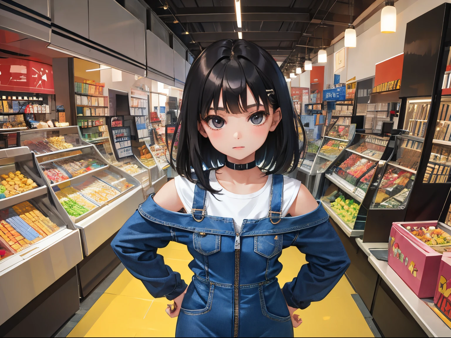 (child)，（​masterpiece，Highest Quality），（denim zip up dress:1.4），pencil skirts，shortsleeves，A dark-haired