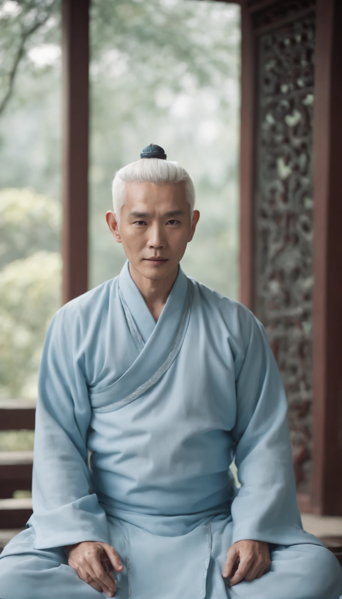White-haired Taoist priest wearing light blue clothes，Wearing a Taoist uniform，Sit in a Taoist temple，