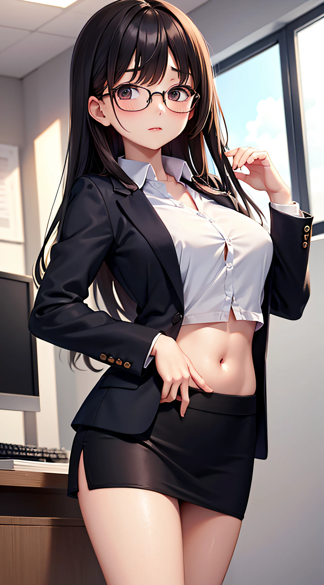 office lady, business suit, blazer, collared shirt, croped shirt, 1 woman, solo, long sleeves, tummy, navel, stomach, midriff, waist, office, blush, pencil skirt, long hair, medium breasts, glasses, dark hair color,