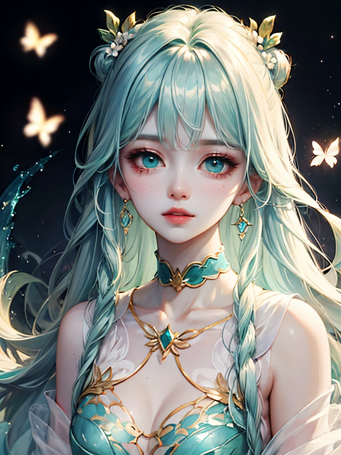 a beautiful girl with teal colored hair and butterflies in her hair, in the style of yanjun cheng, light emerald and white, fairycore, dark turquoise and light gold, delicate flowers, hyper-realistic water, light teal and white