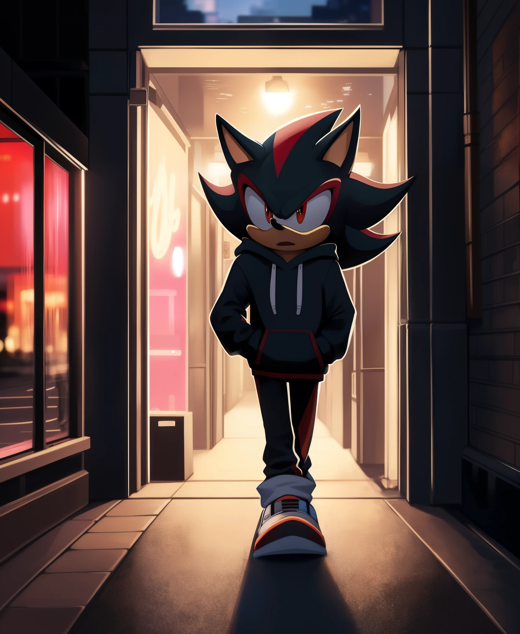 shadow the hedgehog with a hoodie, on a nightclub entrance, in the city, at night, 8k