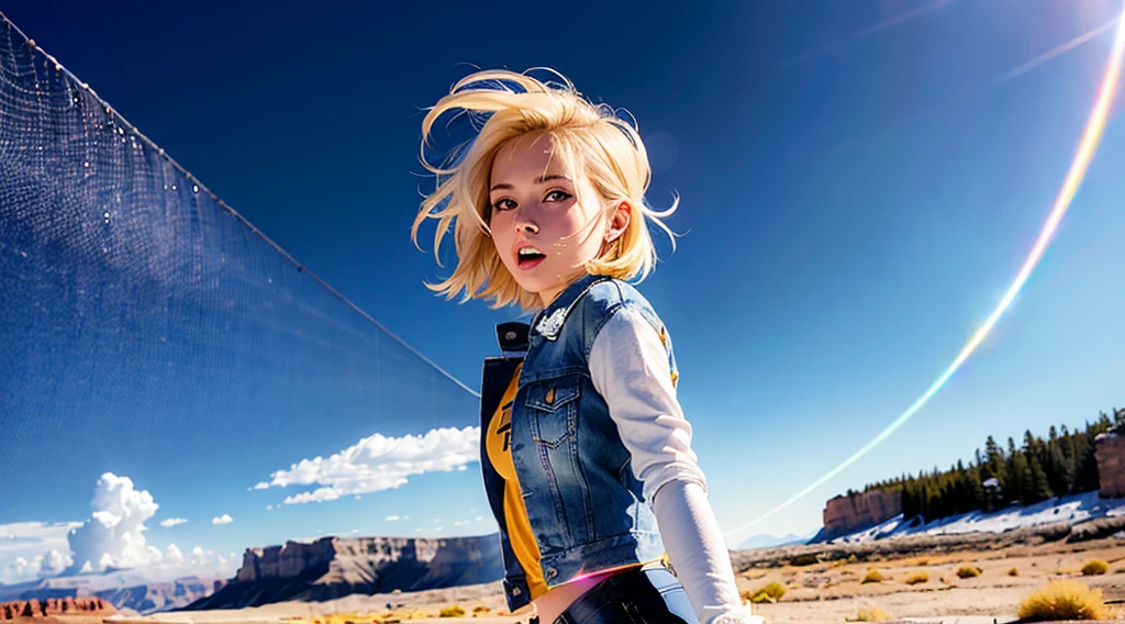 (((1 girl,  cute, denim jacket, white top, jeans, Gloves, blond, short hair, bob hair,  side parted hair, blue eyes))), (((blond hair))), 
dynamic poses, manga style, depicting a group of characters in various action scenes, from intense battles to lighthearted moments, with dramatic speed lines and bold sound effects, capturing the excitement and energy of the story, Laser rays from the palm of hand, Attack forward with palm, yellowstone park, Grand Canyon,