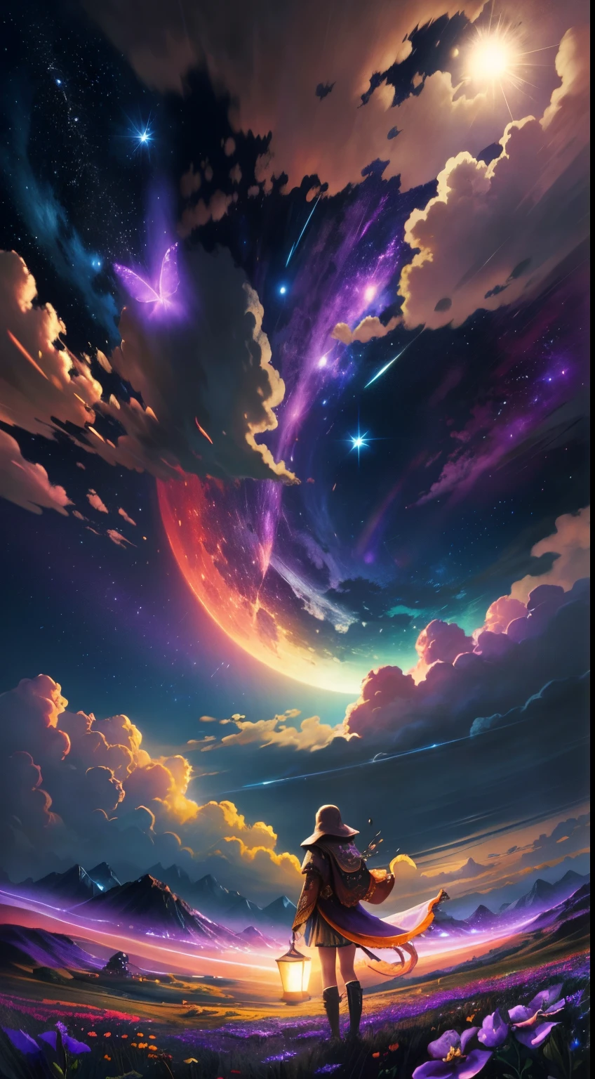A wide landscape photo, (viewed from below, the sky is above, and the open field is below), a girl standing on a flower field looking up, (full moon: 1.2), (meteor: 0.9), (nebula: 1.3), distant mountains , Trees BREAK Crafting Art, (Warm Light: 1.2), (Firefly: 1.2), Lights, Lots of Purple and Orange, Intricate Details, Volumetric Lighting BREAK (Masterpiece: 1.2), (Best Quality), 4k, Ultra Detailed, (Dynamic Composition: 1.4), Rich in Detail and Color, (Rainbow Color: 1.2), (Glow, Atmospheric Lighting), Dreamy, Magical, (Solo: 1.2)