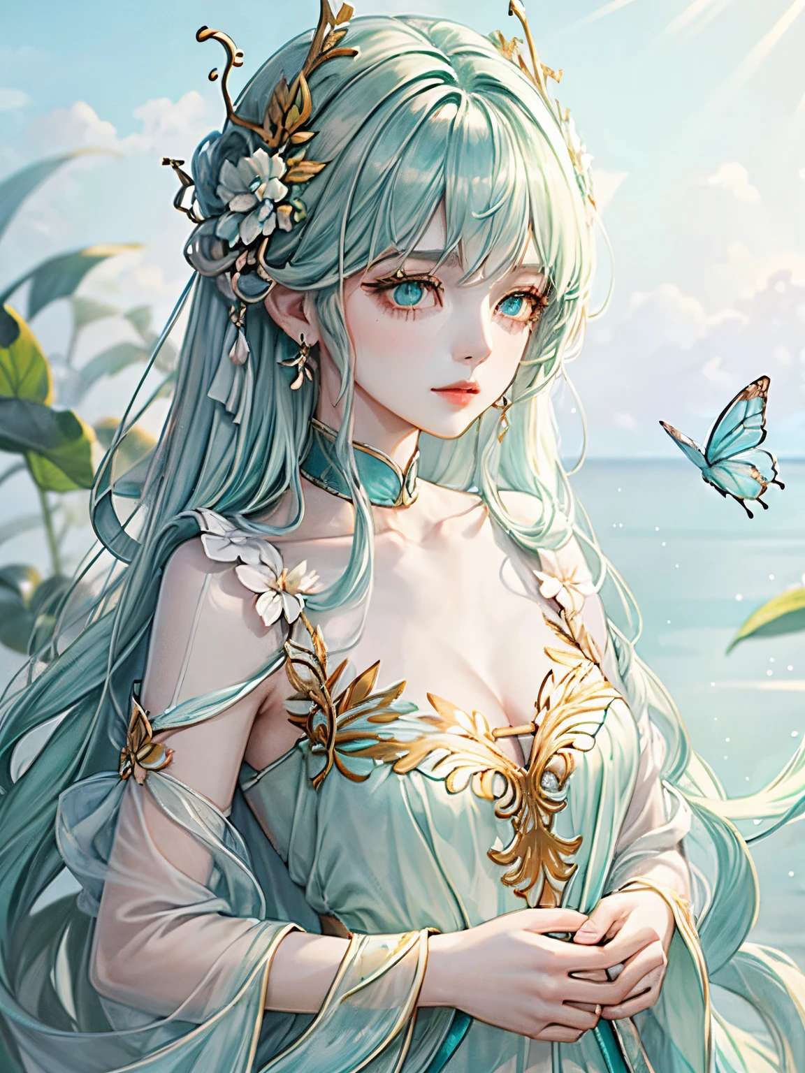 a beautiful girl with teal colored hair and butterflies in her hair, in the style of yanjun cheng, light emerald and white, fairycore, dark turquoise and light gold, delicate flowers, hyper-realistic water, light teal and white, full body