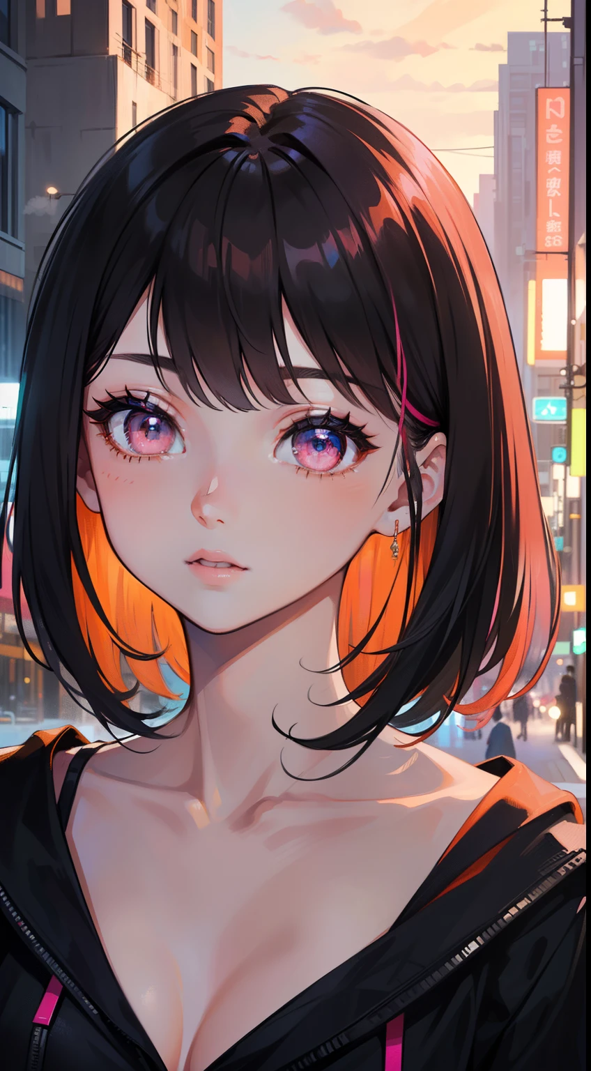 (masterpiece, best quality), ((1girl, (mature)), (black hair, medium hair, hair with bangs, hair with orange stirs, beautiful hair), (pink eyes, beautiful eyes, eye highlights, sharp eyes)), (simpler background, dark background, city background), (highres, chromatic freak), cyberpunk clothing, happy, 8k