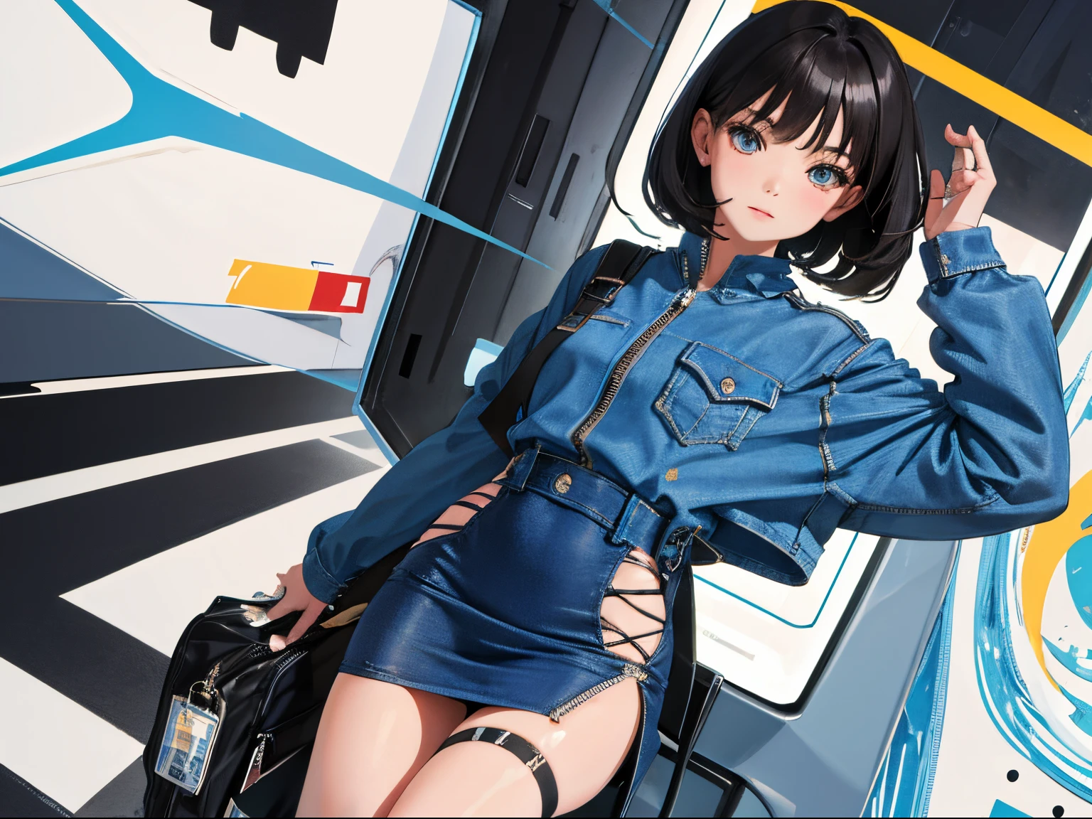 (child),(masterpiece,Highest Quality),(denim zip up dress:1.4),pencil skirts,shortsleeves,A dark-haired