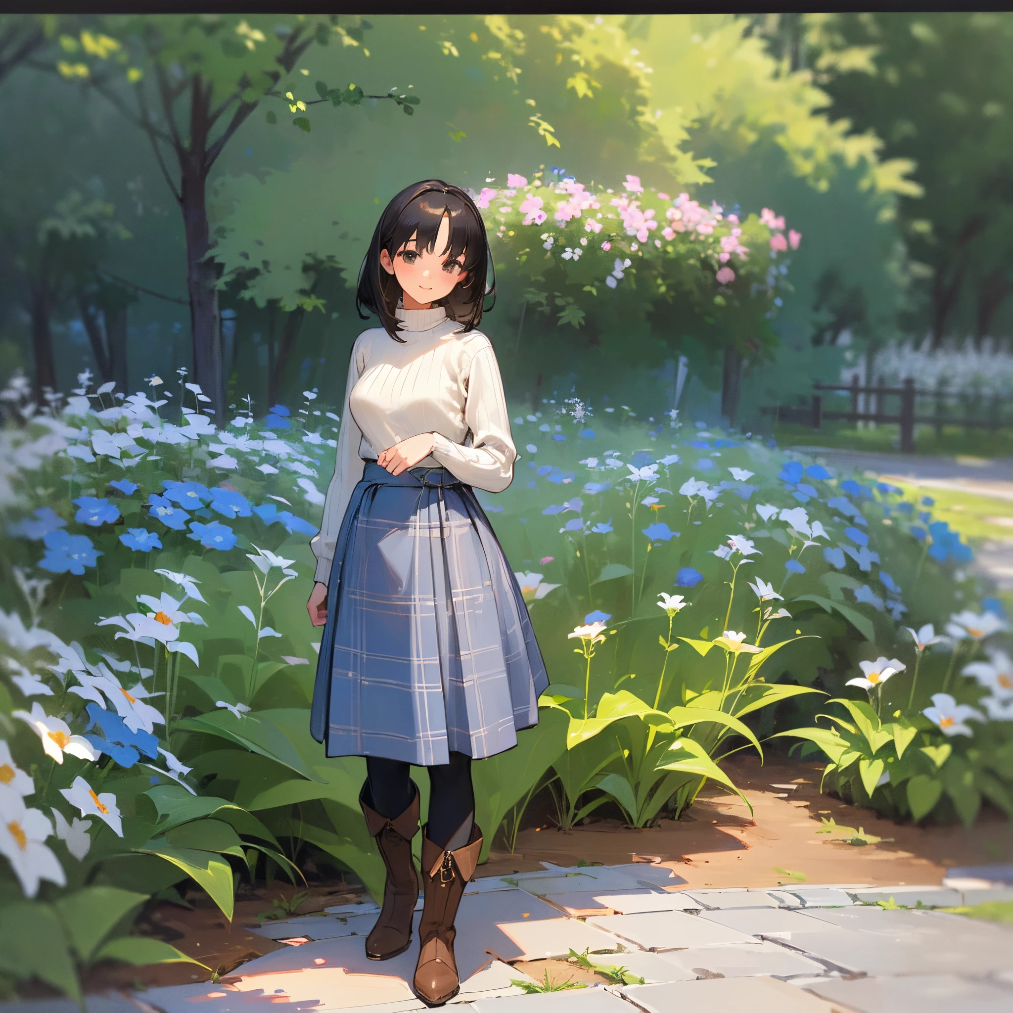 (High quality, High resolution, Ultra-detailed, Realistic:1.37), peaceful ambiance, (plein air, garden), Teenage girl standing alone, (My breasts are big.), Beautiful detailed features, Cute smile, (Black bob hair), Ribbed sweater, blue plaid skirt, Black tights, Brown boots.
