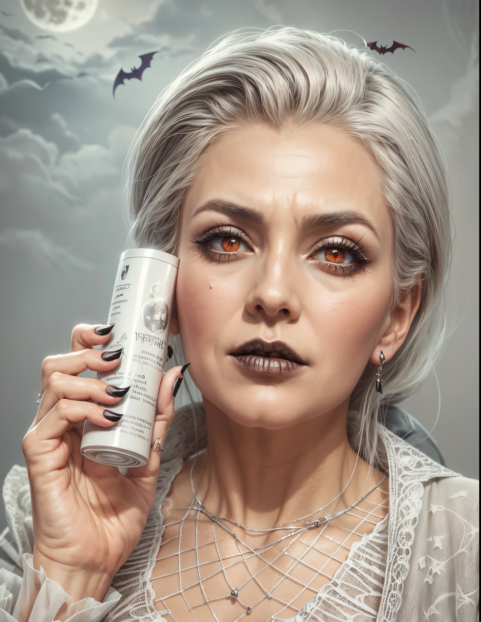 older woman holding a tube of toothpaste in front of her face,  (masterpiece),(vampire),(unrivalled quality:1.4), ultra-high resolution,hyperrealistic, dark fantasy portrait, (sharp focus:1.1), photo of a vampire,gothic horror vibes, Guweiz-style art, dark fantasy mixed with realism, gothic aesthetic, gothic art style,HalloweenGlowStyle,red eyes,black lips,bats, gothic architectural style, full moon, moonlight,clean face