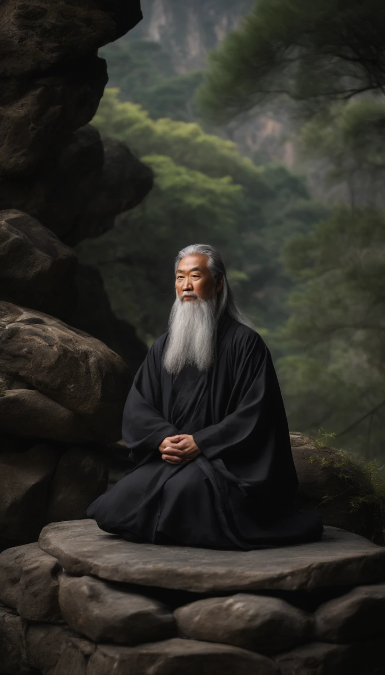 Close-up of a young Chinese Taoist leader sitting on a stone,Long gray hair,sbeard,Meditation cross-legged,Daoism, dressed in a black robe,magic aura,Taoist,Taoist,are in the center,facing at camera,