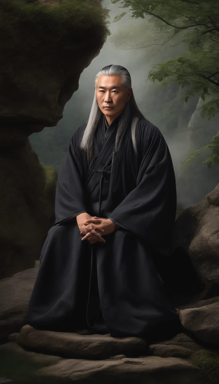 Close-up of a young Chinese Taoist leader sitting on a stone,Long gray hair，sbeard，Meditation cross-legged，Daoism, dressed in a black robe，magic aura，Taoist,Taoist，are in the center，facing at camera，