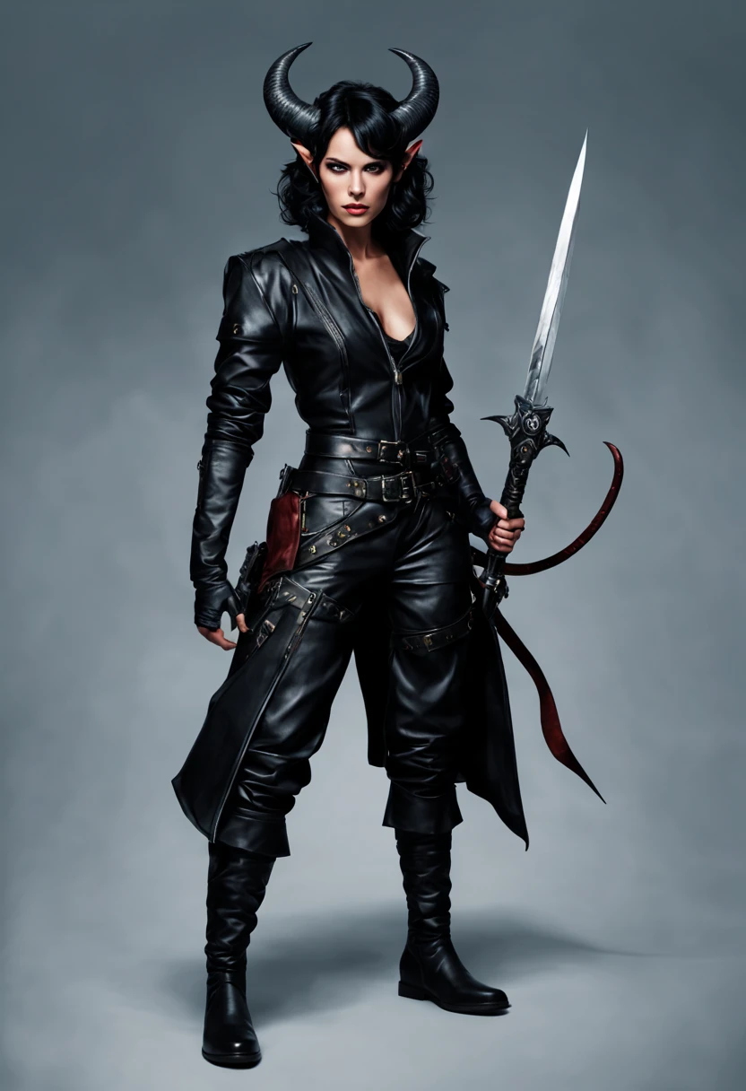 A female Tiefling with black hair, short horns, wearing leather outfit, full body pose, holding steal daggers,