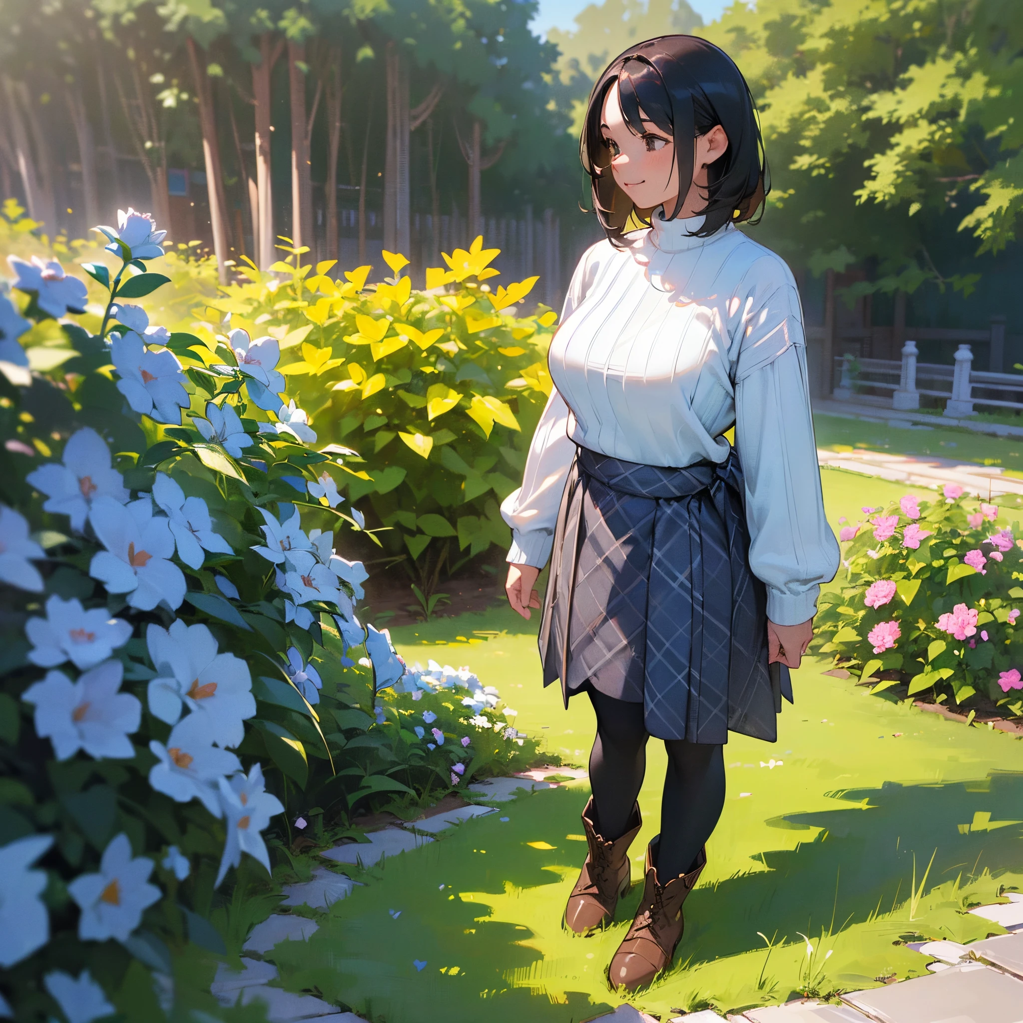 (High quality, High resolution, Ultra-detailed, Realistic:1.37), peaceful ambiance, (plein air, garden), Teenage girl standing alone, (My breasts are big.), Beautiful detailed features, Cute smile, (Black bob hair), Ribbed sweater, blue plaid skirt, Black tights, Brown boots.