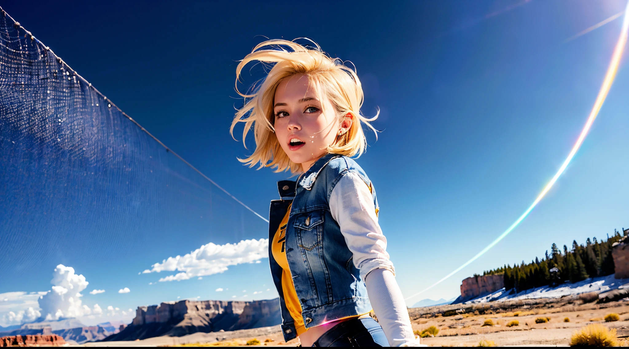 (((1 girl,  cute, denim jacket, white top, jeans, Gloves, blond, short hair, bob hair,  side parted hair, blue eyes))), (((blond hair))), 
dynamic poses, manga style, depicting a group of characters in various action scenes, from intense battles to lighthearted moments, with dramatic speed lines and bold sound effects, capturing the excitement and energy of the story, Laser rays from the palm of hand, Attack forward with palm, yellowstone park, Grand Canyon,