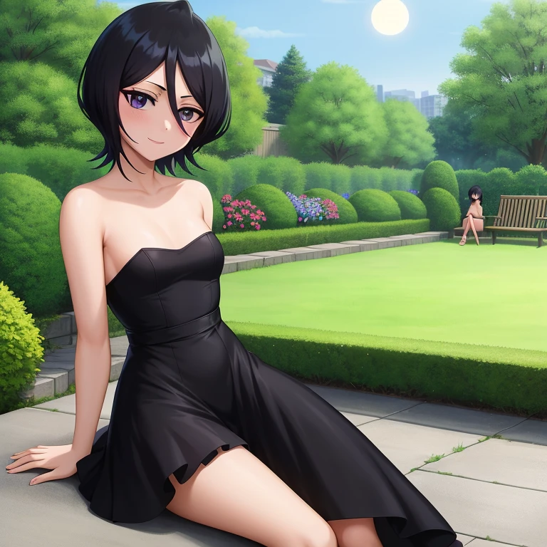 anime screencap, garden background, outside, sunny day, 1 girl, solo, hand on hip, short hair, black hair, purple eyes,  smile, bare arms, bare shoulders, hair between eyes, little black dress, strapless dress, skin-tight dress, black high heels, full moon, at night, park background, sitting on a park bench,