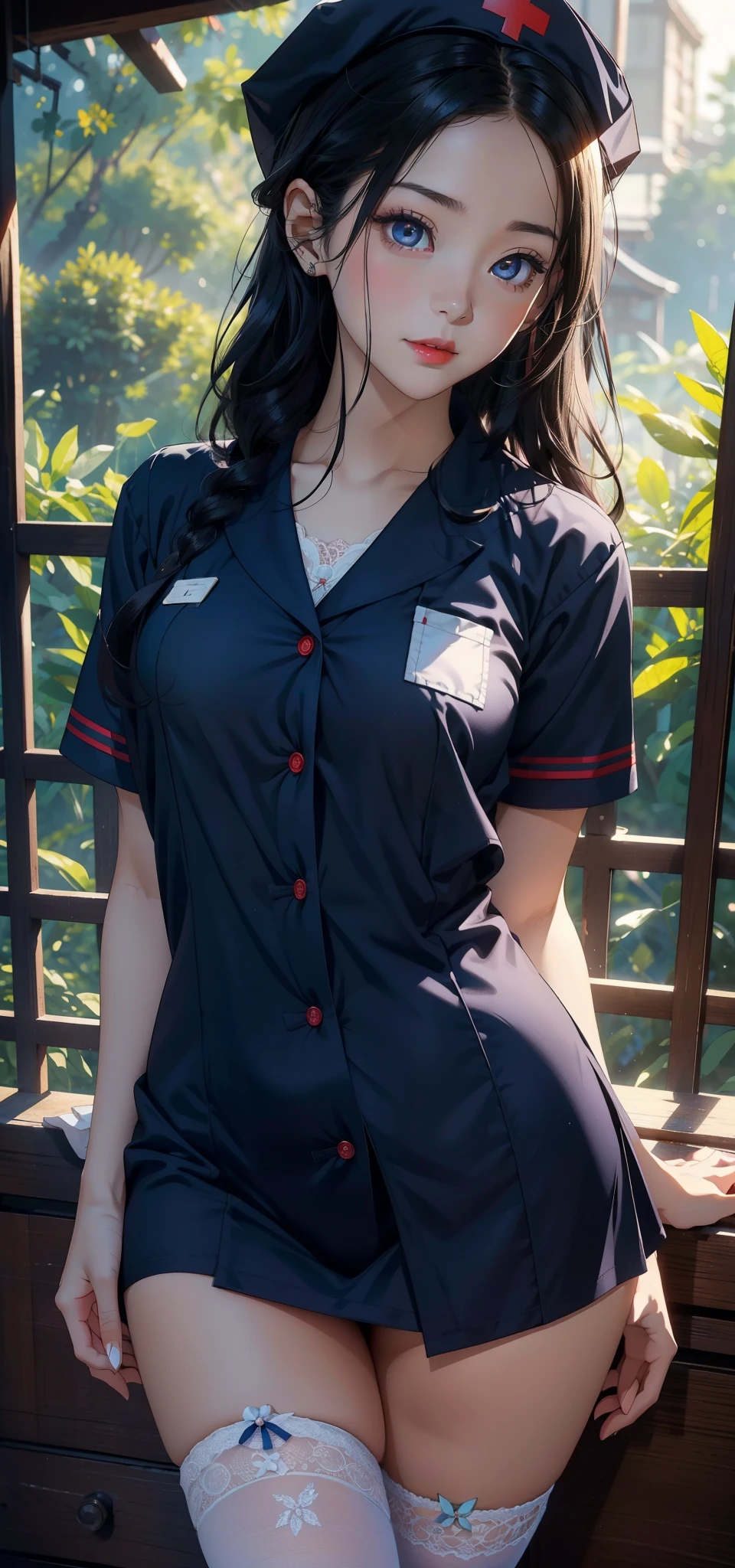 1female,small exposure, 独奏,(Background with:at a forest,the rainforest,in summer) She has long black hair,Redlip,The stands up,seen from the front, curlies, The sky is mostly cloudy,(((tmasterpiece),(Very detailed CG unified 8k wallpaper),Best quality,电影灯光,detailed back ground,beautidful eyes,Bright pupils,(very delicate beautiful),(Beautiful and detailed eyes description),ultra - detailed,tmasterpiece,)),facing at the camera,A high resolution,ultra - detailed),Expose breasts exposed,Bare genitals, convex,Camel toes,Raised sexy,nurses(dressed in:,nurse hat,Dark blue nurse uniform,lace panty,nakeness,badges)