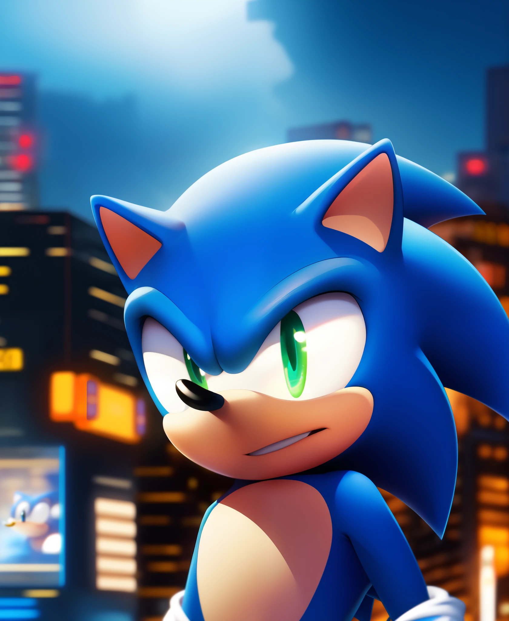 sonic the hedgehog in the city at night, from sonic, portrait of sonic the hedgehog, sonic oc, sonic hedgehog, sonic, hero pose colorful city lighting, sonic game, sonic the hedgehog, in the new action-movie sonic, sonic the hedgehog in a surreal, sonic power, movie sonic, sonic the hedgehog illustration, rendered in sfm