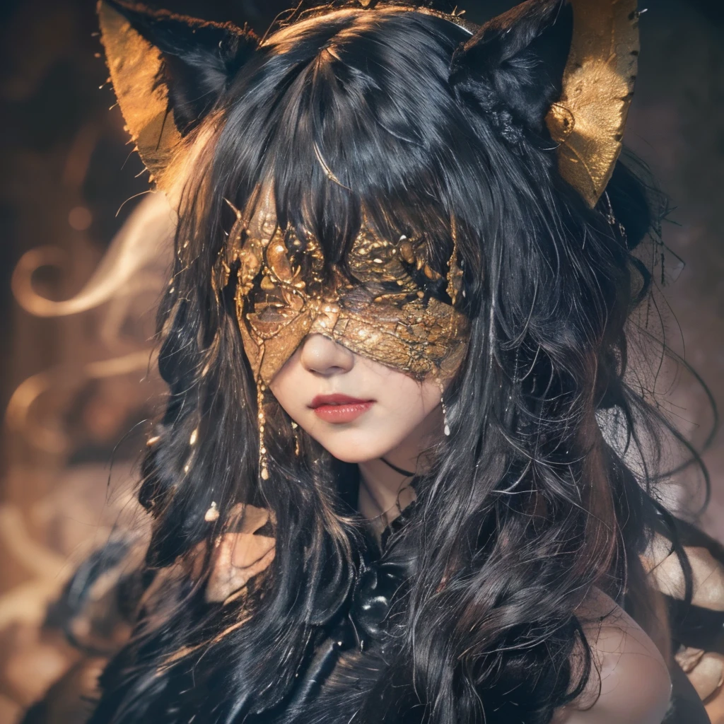((masterpiece)), 8k cg, best quality, intricate details, chromatic aberration, ((bust shot)), ((looking at the viewer)), 1girl, Korean, Cat Girl, ((Character((Mature Lady)), soft smile, closed mouth, soft lips)), ((makeup, heavy blush)), lens flare, ((an extremely beautiful and delicate portrait, delicate facial features, doll face, 30 years old, soft cheeks)), (black cat ears, fluffy. black fur), (very long wavy hair, ((warm black hair color)), blunt bangs, shiny hair), full of life, (All Black Color, Military Dress, ta Dress, golden accessories, skulls, (Blind Mask), Grand Katana Sword)), ((Medium Breasts, curvy, hourglass figure, thin neck)), absurdres, cinematic lighting, dynamic lighting, fantasy, ((dark background, fog))