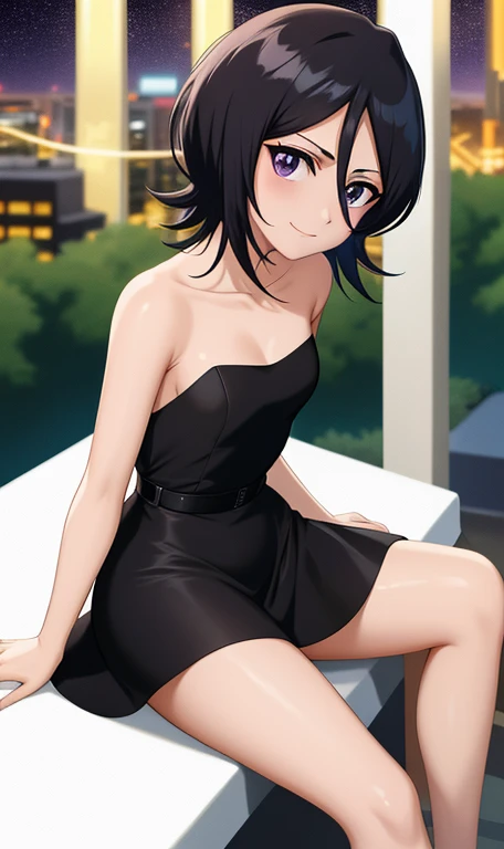 anime screencap, cityscape background, dim lights, rooftops, balcony, veranda, night falls, stars sparkling, 1 girl, solo, smile, short hair, black hair, purple eyes, hair between eyes, bare shoulders, bare neck, little black dress, strapless dress, skin-tight dress, black high heels, full moon, at night, park background, sitting on a park bench, smile, looking at viewer, facing viewer.