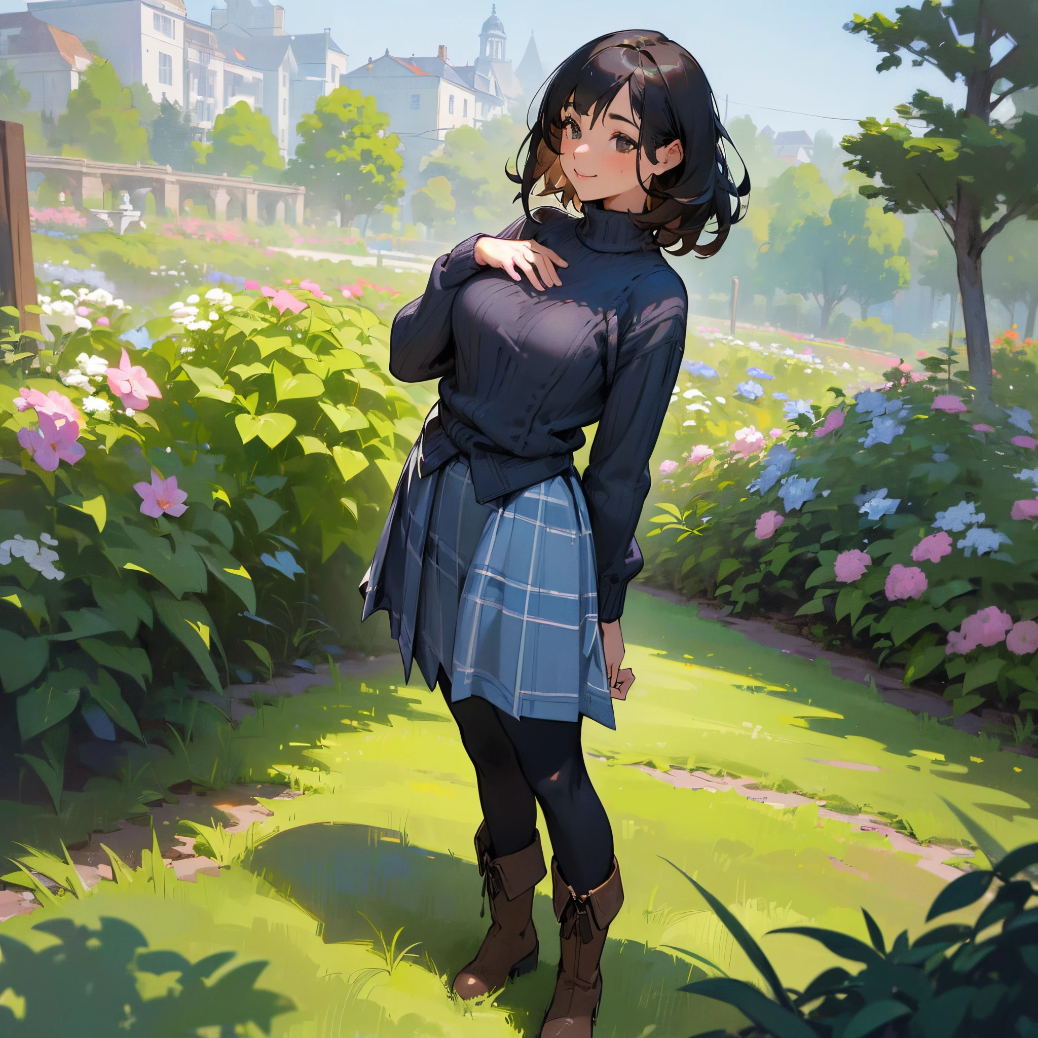 (High quality, High resolution, Ultra-detailed, Realistic:1.37), peaceful ambiance, (plein air, garden), Teenage girl standing alone, (My breasts are big.), Beautiful detailed features, Cute smile, (Black bob hair), Ribbed sweater, blue plaid skirt, Black tights, Brown boots.