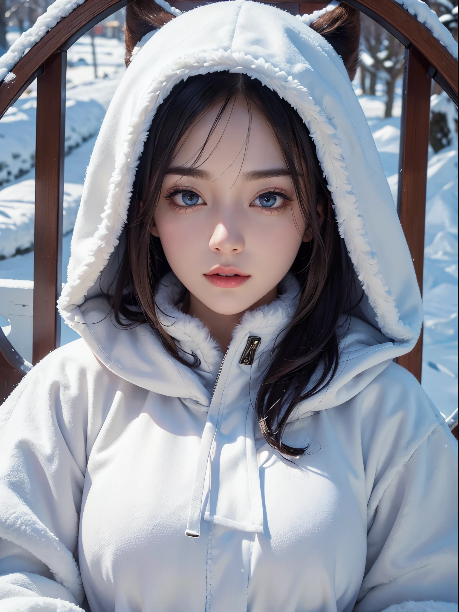(A hyper-realistic),  (hight resolution),  (8K),  (ighly detailed),  (beatiful detailed eyes),  (top-quality),  (ultra-detailliert),  (​masterpiece),  (A detailed face),  selfie,  face focus、softfocus,  beautiful woman , ((solo)), Colossal tits、Japanese, snowscape, white Down jacket, Wearing a fur hood, My hair fits perfectly in my hood, snowing,