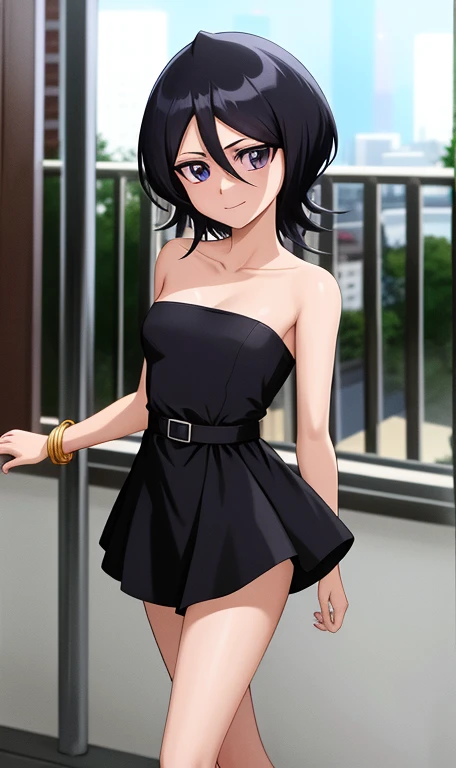 anime screencap, cityscape background, dim lights, rooftops, balcony, veranda, night falls, stars sparkling, 1 girl, solo, smile, short hair, black hair, purple eyes, hair between eyes, bare shoulders, bare neck, standing, black dress, strapless tube dress, smile, bare arms, bare shoulders, hair between eyes, lovely legs, facing viewer, bracelets, looking at viewer, facing viewer, full body.