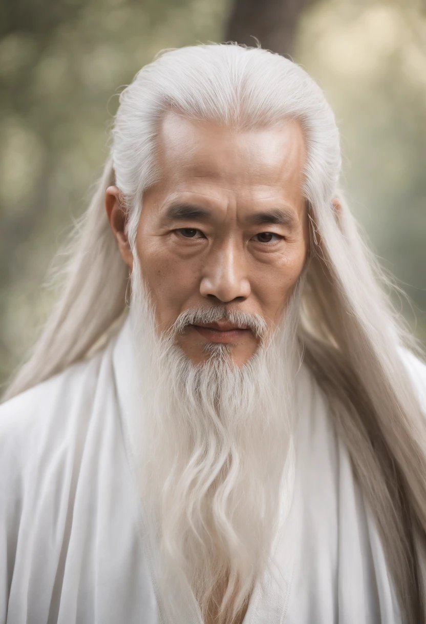 Old man of ancient China,long white hair and beard,wearing long white togas, Long white beard, Long white hair and white beard, Inspired by Hu Zaobin, Detailed long white hair,