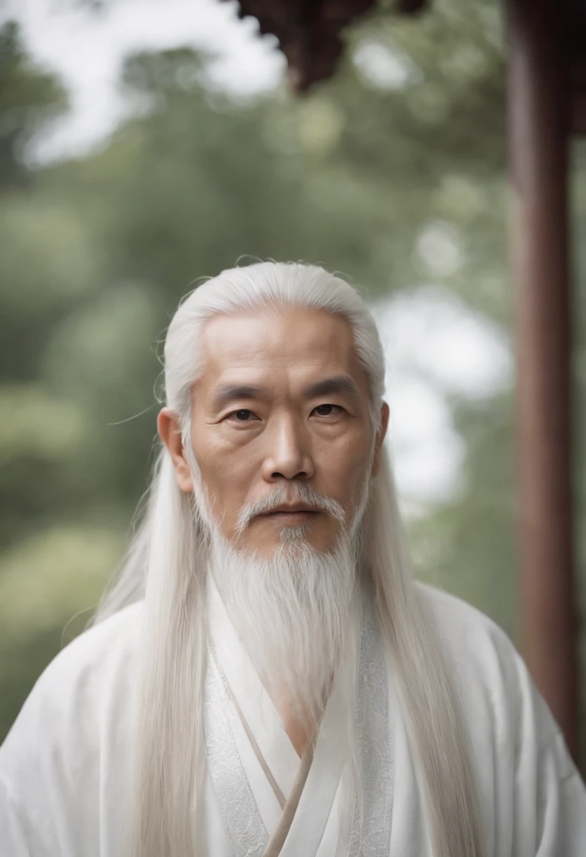 Old man of ancient China，long white hair and beard，wearing long white togas, Long white beard, Long white hair and white beard, Inspired by Hu Zaobin, Detailed long white hair,