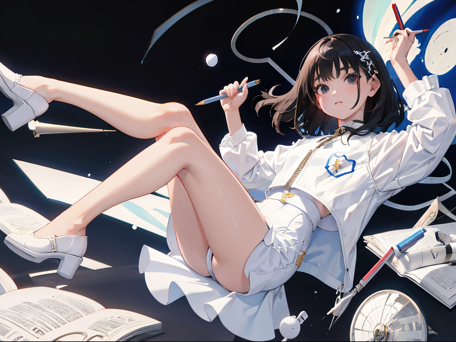 (child),(masterpiece,Highest Quality),(white denim zip up dress:1.4),pencil skirts,shortsleeves,A dark-haired
