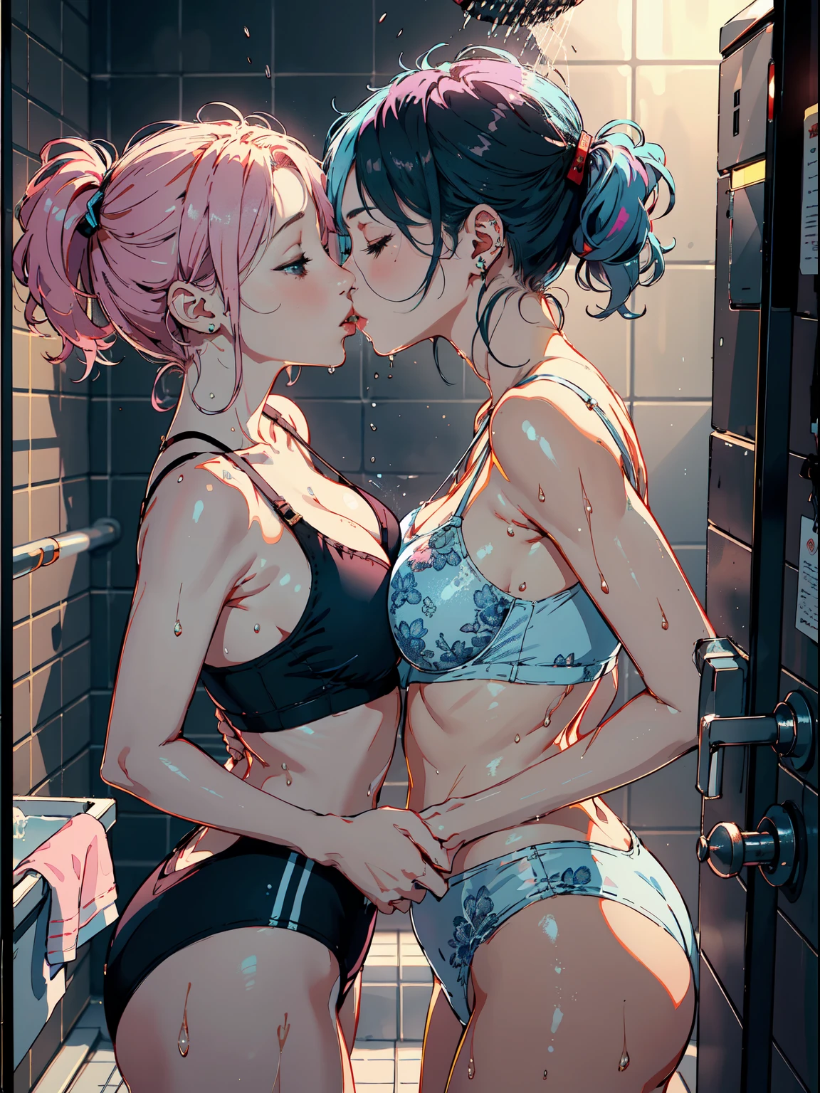 ​masterpiece, top-quality, Hi-Res,((( 2girls))), ((Yuri)), ((the kiss:1.4)), (French Kissing), red blush:0.2, closed her eyes:0.5, (tongue), (Saliva), ((Touch)), hand on the breasts、bustup、bulging bust top、(pink brassiere)、Light Blue Bra、(Brown skin)、Whitening skin、(Pink hair)、(Light blue hair)、long eyelashes、(The voluminous lips)、lips simple、Slender eyes、(Big eyes with double eyelids)、a short bob、poneyTail、Ear-piercing、Blue eyes、Brown eyes、round and big buttocks、toned little buttocks、(Pointed bust top)、((the whole body is wet))、beatiful backgrounds、Shower on the wall、Shower room、((Heavy shower))、浴室、Tiled、steam、Accurate drawing、Elaborate illustrations、Detailed drawing、Anatomy of the human body、Perfect picture、Perfect Beautiful Girl、high-class sense、executive、celebrity、rich、