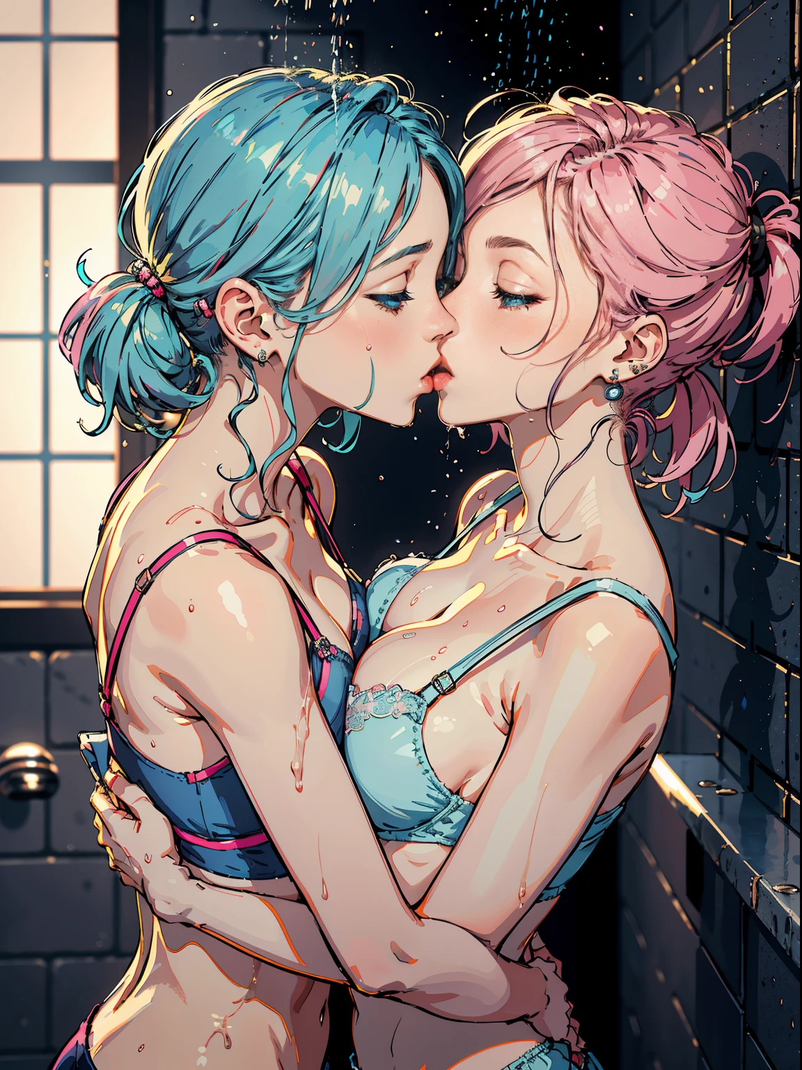 ​masterpiece, top-quality, Hi-Res,((( 2girls))), ((Yuri)), ((the kiss:1.4)), (French Kissing), red blush:0.2, closed her eyes:0.5, (tongue), (Saliva), ((Touch)), hand on the breasts、bustup、bulging bust top、(pink brassiere)、Light Blue Bra、(Brown skin)、Whitening skin、(Pink hair)、(Light blue hair)、long eyelashes、(The voluminous lips)、lips simple、Slender eyes、(Big eyes with double eyelids)、a short bob、poneyTail、Ear-piercing、Blue eyes、Brown eyes、round and big buttocks、toned little buttocks、(Pointed bust top)、((the whole body is wet))、beatiful backgrounds、Shower on the wall、Shower room、((Heavy shower))、浴室、Tiled、steam、Accurate drawing、Elaborate illustrations、Detailed drawing、Anatomy of the human body、Perfect picture、Perfect Beautiful Girl、high-class sense、executive、celebrity、rich、