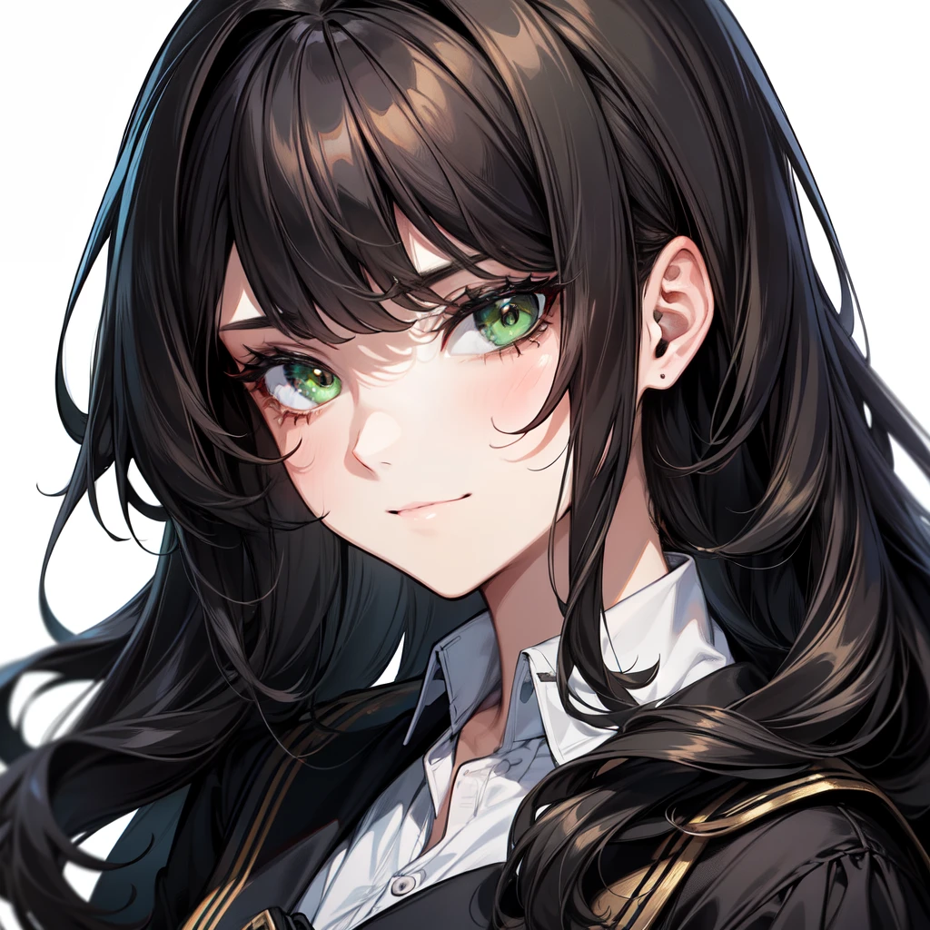 A pretty lady with hair wavy medium black hair and green eyes, giving a rich, toublemaker and bad girl vibe, looking at you with a smugly, school uniform, modern era, close up.