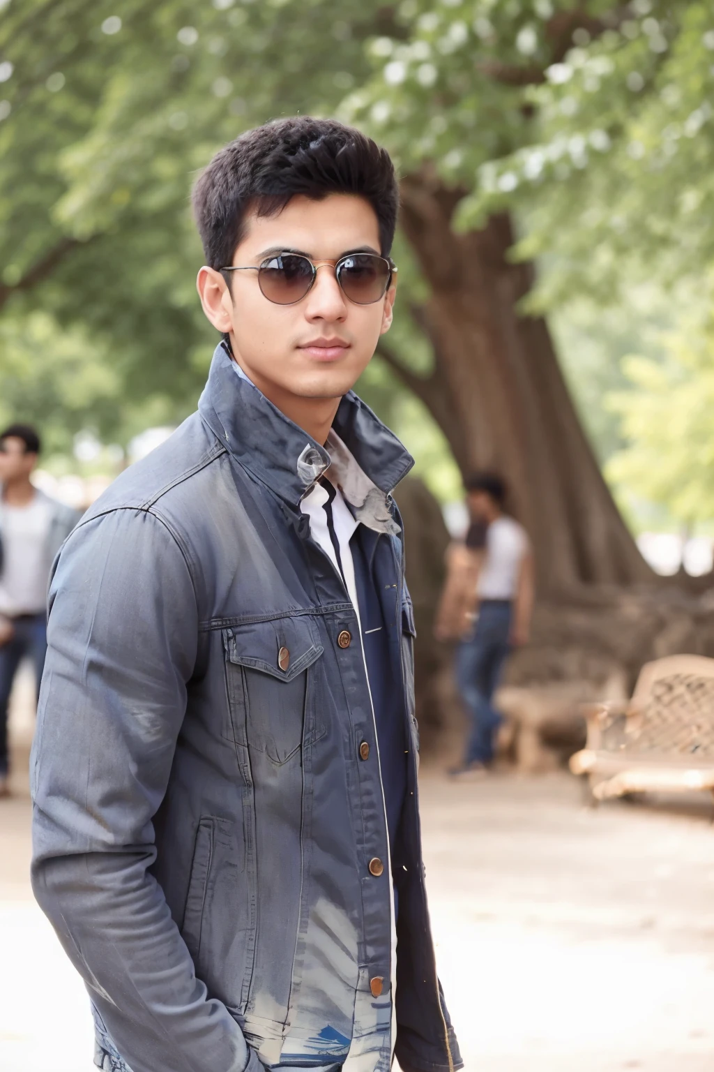 arafed man in a denim jacket and sunglasses standing in a park, ayan nag, candid picture, with lovely look, very clear picture, mohamed chahin, around 1 , nivanh chanthara, vastayan, with accurate face, mohamed chahin style, in sunny weather, johnatan wayshak, jayison devadas