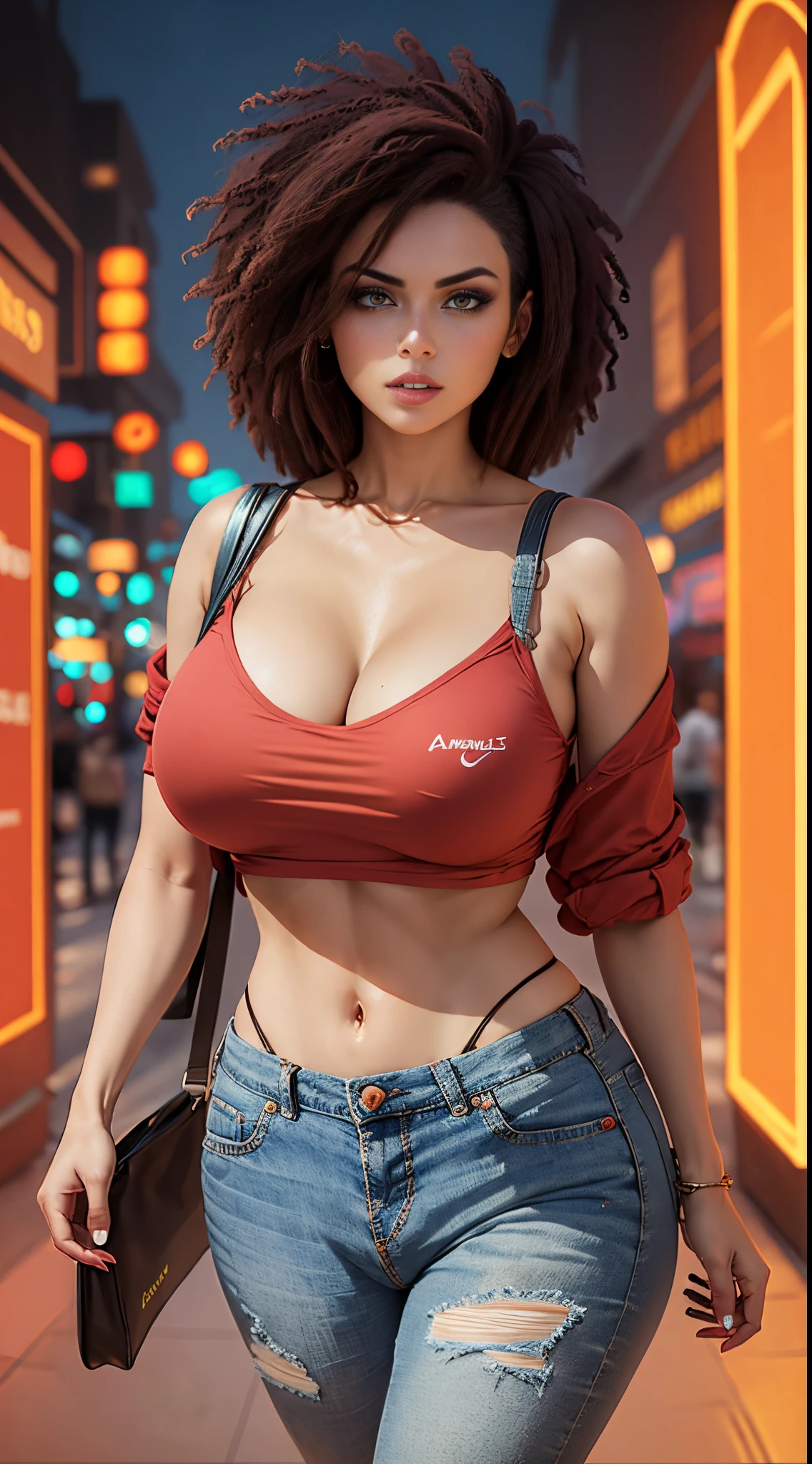 A sexy woman with big breasts and an athletic body walking on a red-lit avenue, luzes amarelas e azuis cabelo Afro short jeans camisa regata blusa preta