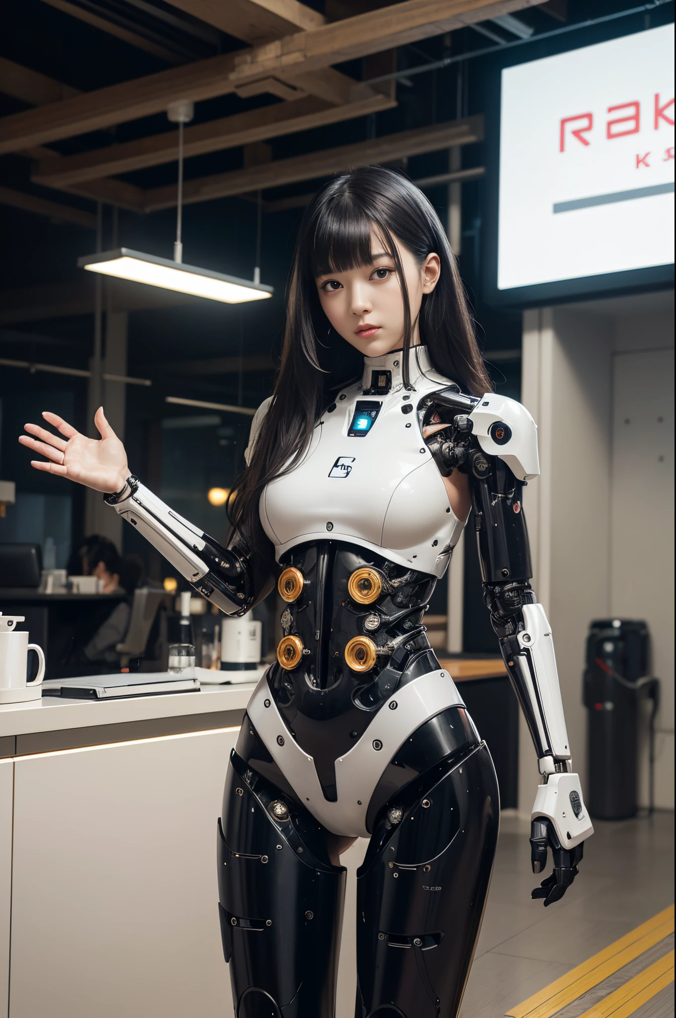 masterpiece, best quality, extremely detailed, (photorealistic:1.4), (RAW photo) (RAW photo) (8K, 4K, Best Quality, hight resolution, 超A high resolution:1.1), (masutepiece, Realistic, Photorealsitic:1.1), 1girl in, Japaese Cyborg girl,Plump , control panels,android,Droid,Mechanical Hand, Robot arms and legs, Black Robot Parts,Black hair,Mechanical body,Blunt bangs,White robotics parts,perfect robot girl,future information counter,reception,long tube,thick cable connected her neck,ceramic body ,mechanical body, ear antenna,mechanical ear cover, loose boots,mechanical costume,android,robot,humanoid,cyborg,information office,japanese android receptionist ,mechanical chest,full eyes,