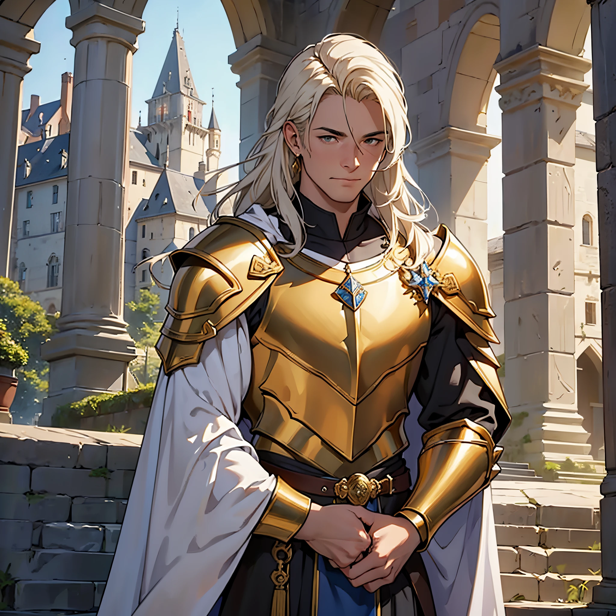 masterpiece, Best Quality, 4k, Very detailed, Close-up of a person'Upper body body, Background with:In front of the stairs of a medieval castle built on a lake, Golden knight wearing golden armor and white cloak, Middle-aged man