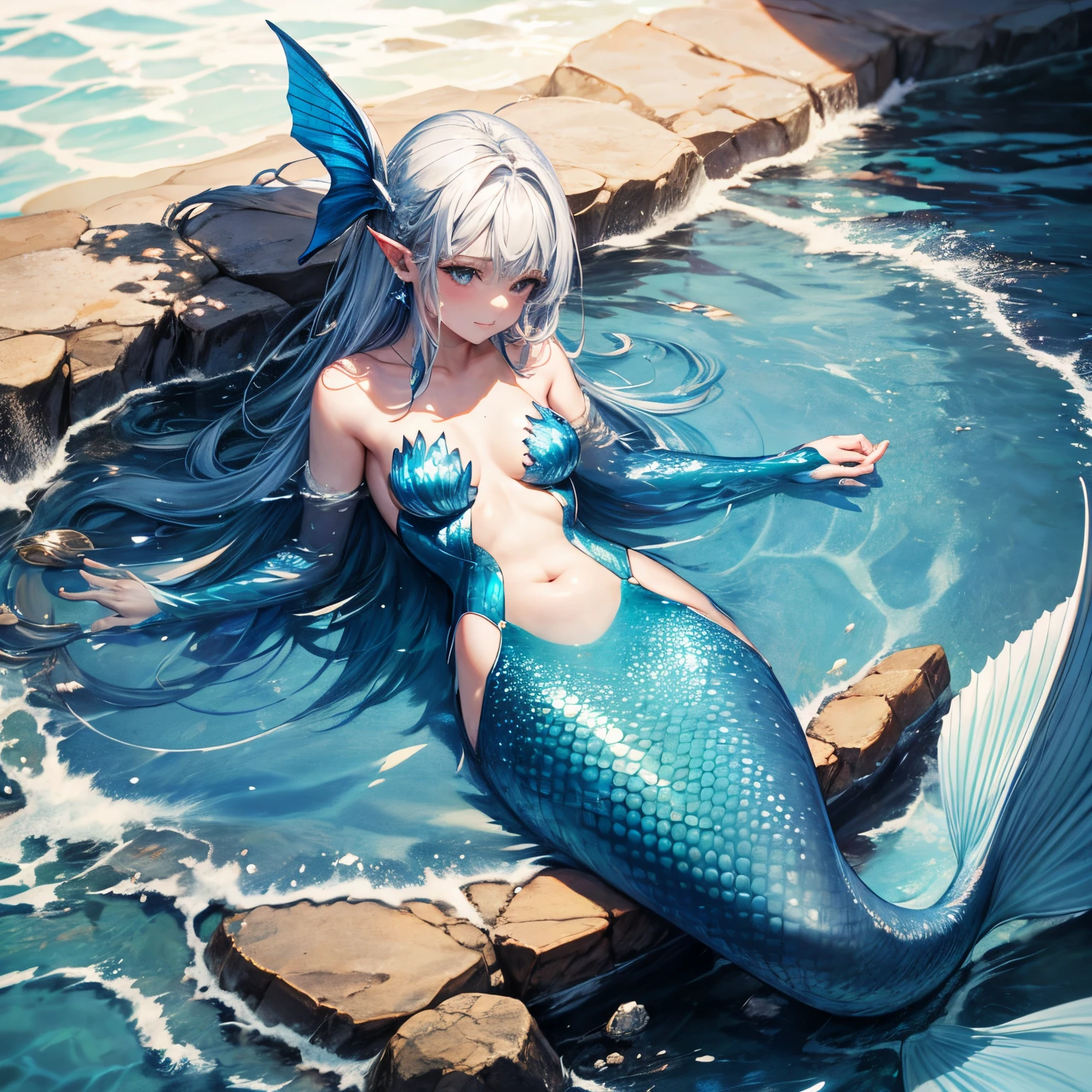 mermaid swimming in the sea, Blue scales, Fine scales from the shoulder down, silber hair, Earlobes are fins, A scale arm covering that sticks to the skin, elegantly spread caudal fin