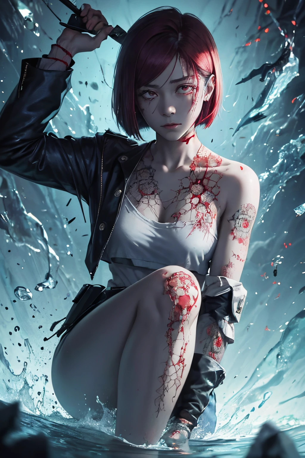 Nobara kugisaki on her knee's, Red blood is pouring out of her left eye and shoulder, (covered in blood), Damaged left eye, hole in the left eye, Blue Costume, short hair, bob cut, Scars on skin, Cuts on left shoulder official art, unity 8k wallpaper, ultra detailed, beautiful and aesthetic, masterpiece, best quality, injured,