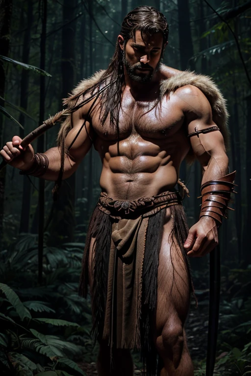 Handsome Amazon warrior in deep forest, holding spear in hand, sexy, naked, nude, masculine, hairy chest, erection penis, dirty, low light, cinematic, color grading, black mist, ancient tribal accessories