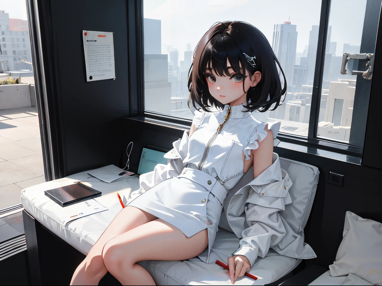 Anime - style girl sitting on a bed in a room with a city view - SeaArt AI