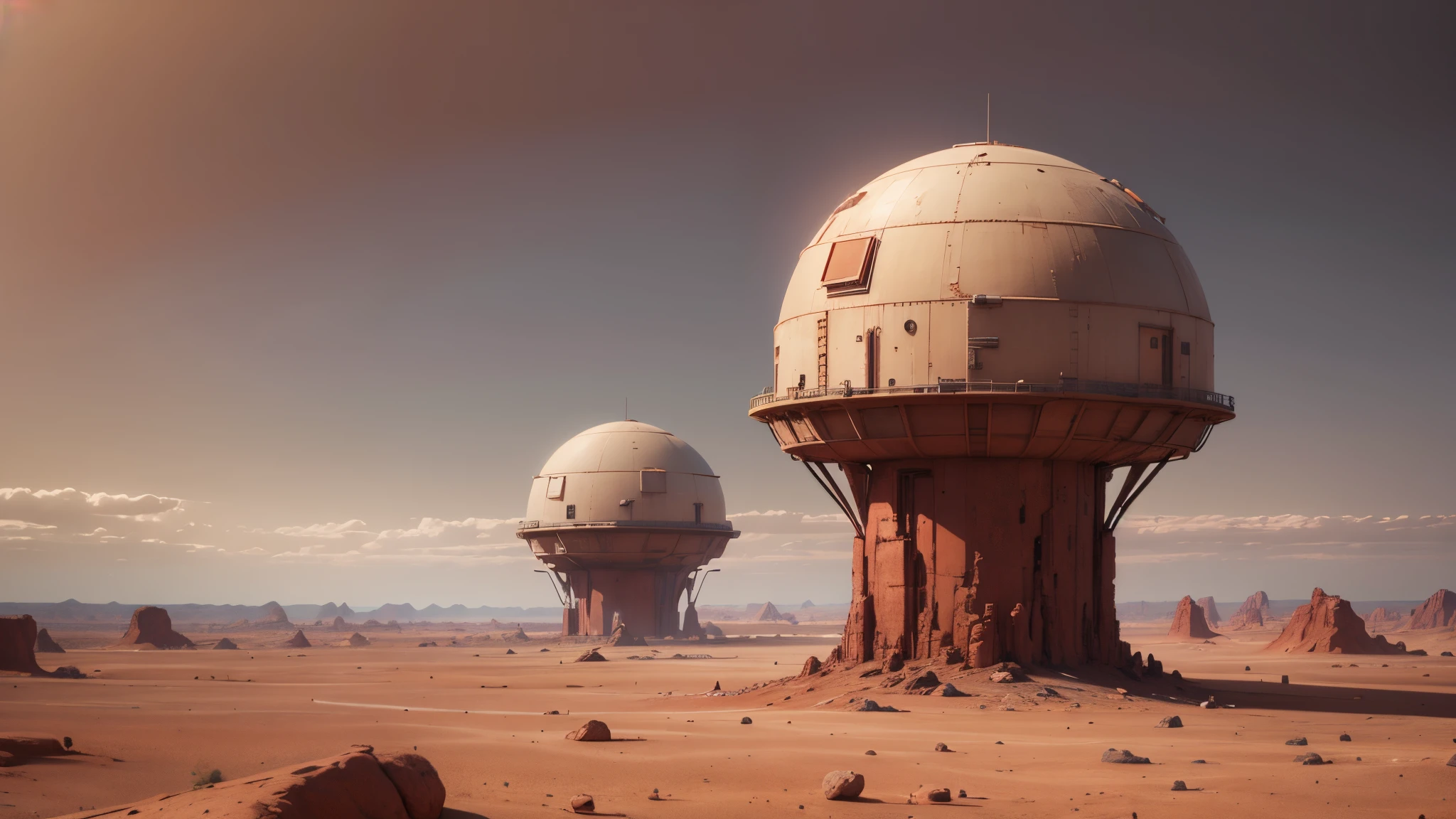 realism, personality:  [Illustrate a wide shot of the desolate red landscape of Mars, with the small research base visible in the background. The camera pans across the barren terrain, emphasizing the isolation and vastness of the planet]unreal engine, hyper real --auto --s2