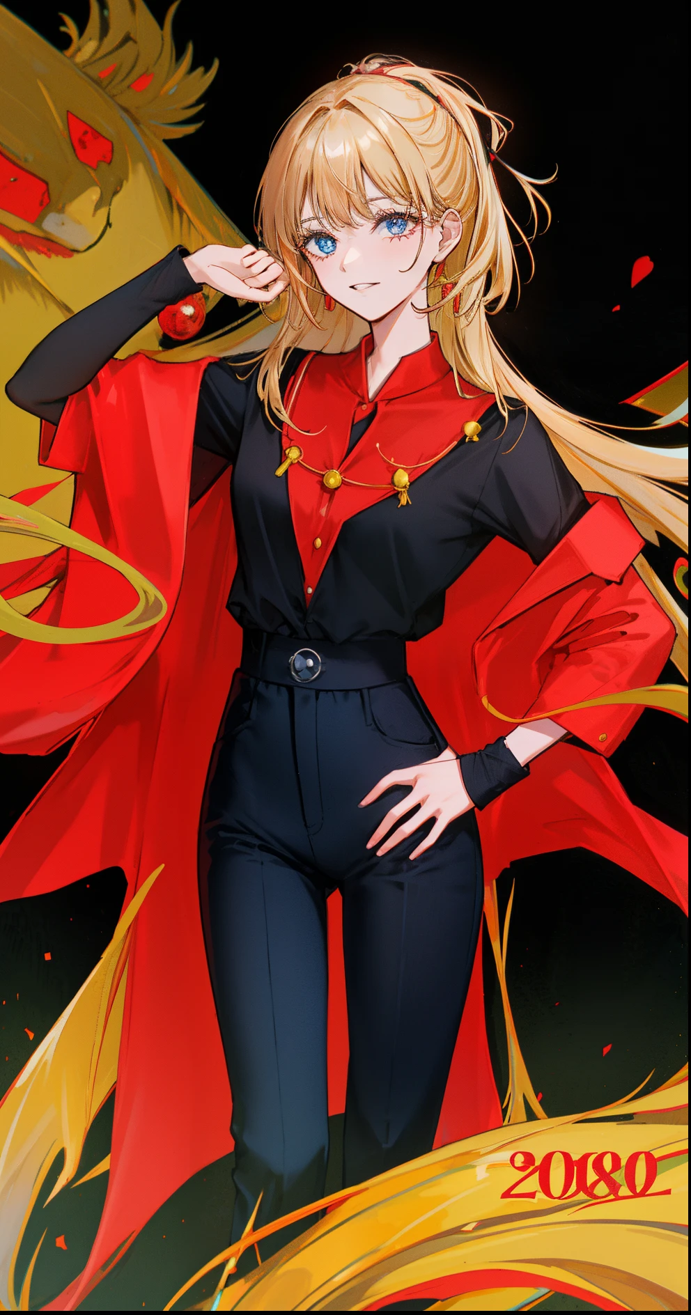Manga anime Una mujer rubia hermosa,vestida con una camisa roja manga larga, black pant, corbata negra, oscuros,mirando hacia el espectador,8k, holiday vibe, holiday vibe, nevandoesrilo from the year 1980,gorra de navidad