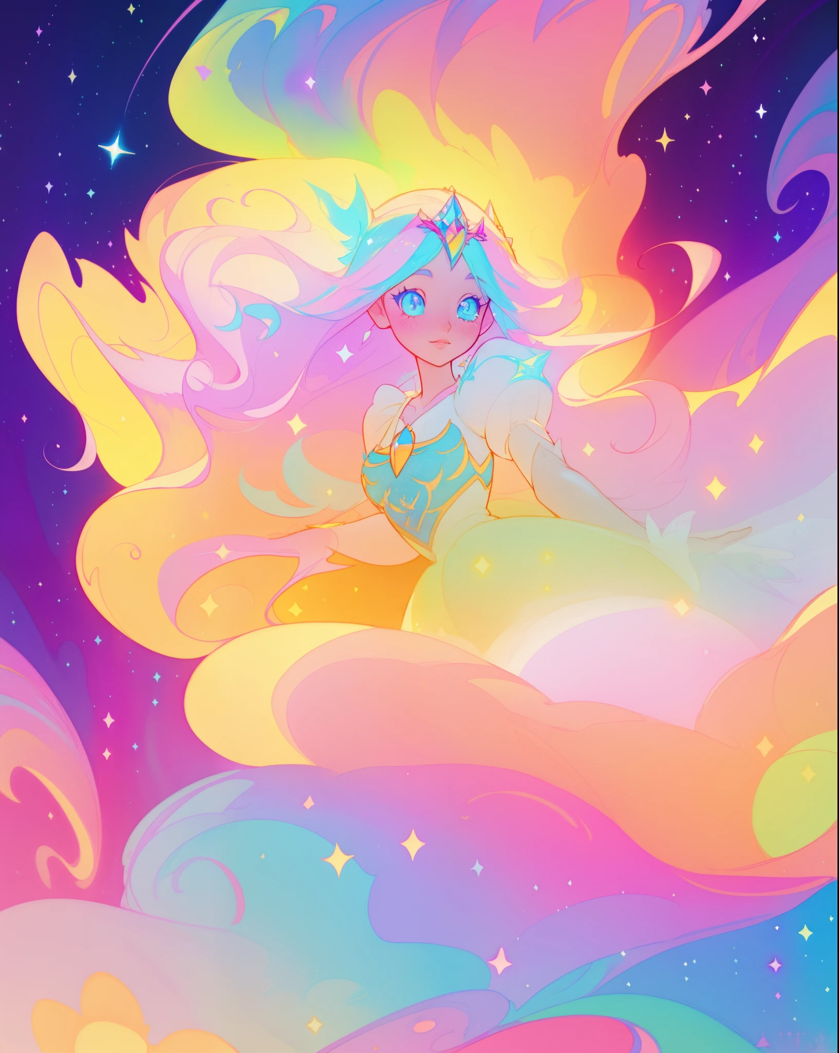 beautiful girl, simple white princess ballgown, vibrant pastel colors, (colorful), colorful flowing long liquid hair, magical lights, sparkling magical liquid, inspired by Glen Keane, inspired by Lois van Baarle, disney art style, by Lois van Baarle, glowing aura around her, by Glen Keane, jen bartel, glowing lights! digital painting, flowing glowing hair, glowing flowing hair, beautiful digital illustration, fantasia background, whimsical, magical, fantasy, ((masterpiece, best quality)), intricate details, highly detailed, sharp focus, 8k resolution, sparkling detailed eyes, liquid watercolor