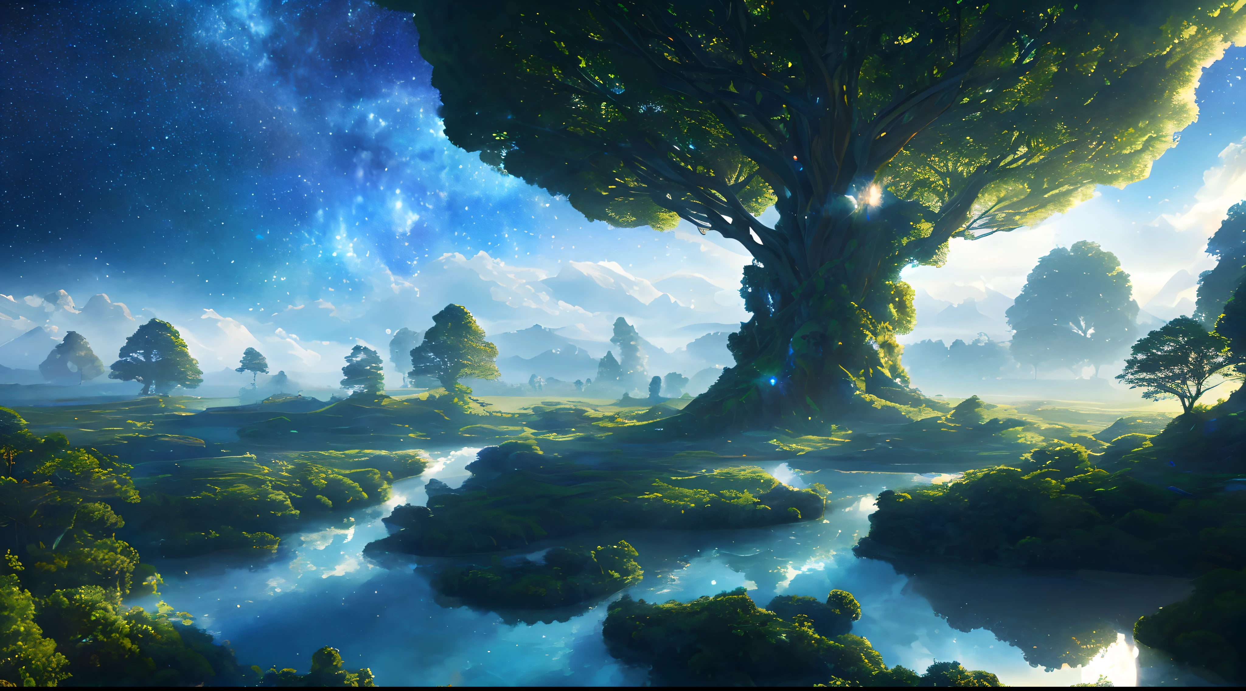 Illustration of a hyperrealistic , otherworldly, ultrasky scene featuring a giant crystal tree full body,very detailed and magical lighting, intricate forest details, vegetation and river around, solarpunk ,landscape, giant tree, beatifull leafy with beautiful lighting and realistic proportions, as if it were a cinematic background, 8k, highest quality, masterpiece, clouds and stars in the sky.