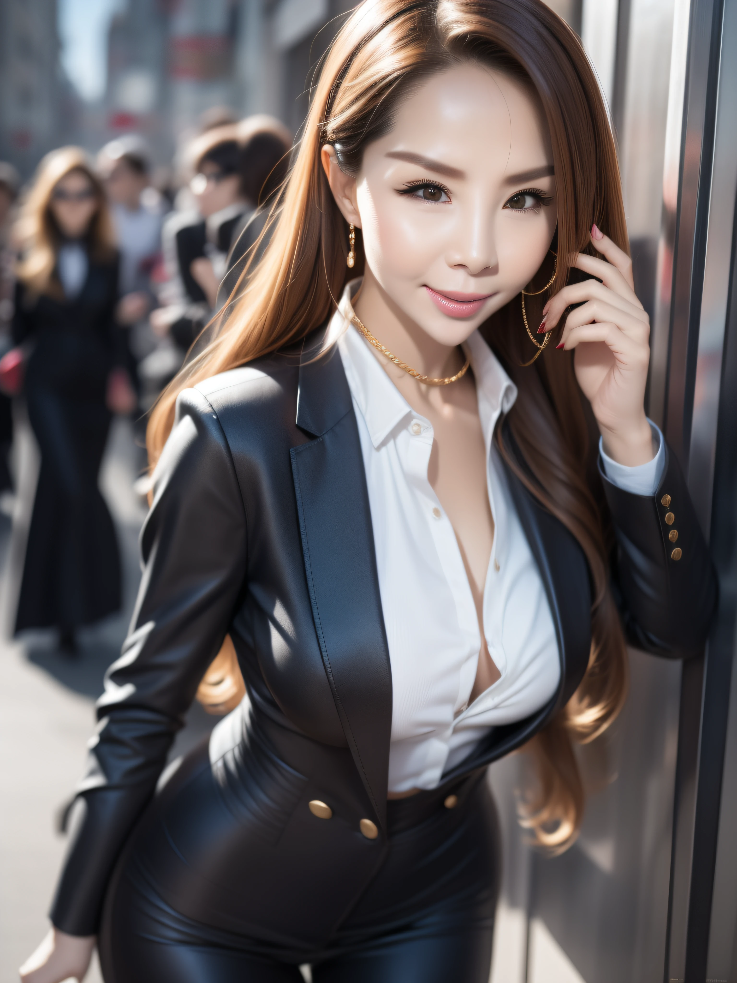 30 year old woman with perfect figure , very feminine，slender eyebrow, blushed cheeks, Policewoman, black suit jacket, black necktie，"semblusa", (almost :1.3)，（suspender stockings：1.3）, ultra-realistic realism, hyper HD, Best quality, A high resolution, high detal, 8K, Sharp focus, Bustling streets