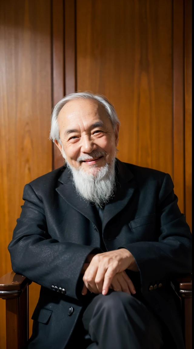 dressed in a black coat,Smiling,Middle of the lens,The background is Chinese painting,Men have no beards,One hand on the chair,Smart old man,an elder in ancient china,center photo,Character centered,sitting down,Real frontal photos,Face HD,The face is softly illuminated,light smile,The background is a bit dark,The room was dimly lit,in background bokeh,Light shines on the face from the front,The face receives even light,The medium scene is,Best quality,Photographed