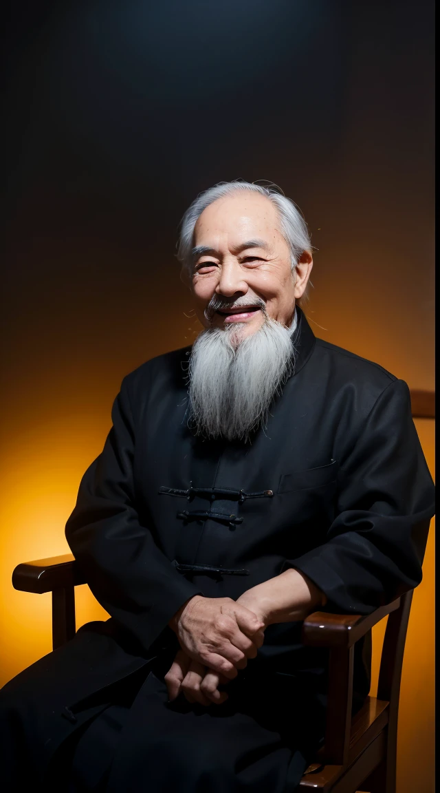 dressed in a black coat,Smiling,Middle of the lens,The background is Chinese painting,Men have no beards,One hand on the chair,Smart old man,an elder in ancient china,center photo,Character centered,sitting down,Real frontal photos,Face HD,The face is softly illuminated,light smile,The background is a bit dark,The room was dimly lit,in background bokeh,Light shines on the face from the front,The face receives even light,The medium scene is,Best quality,Photographed