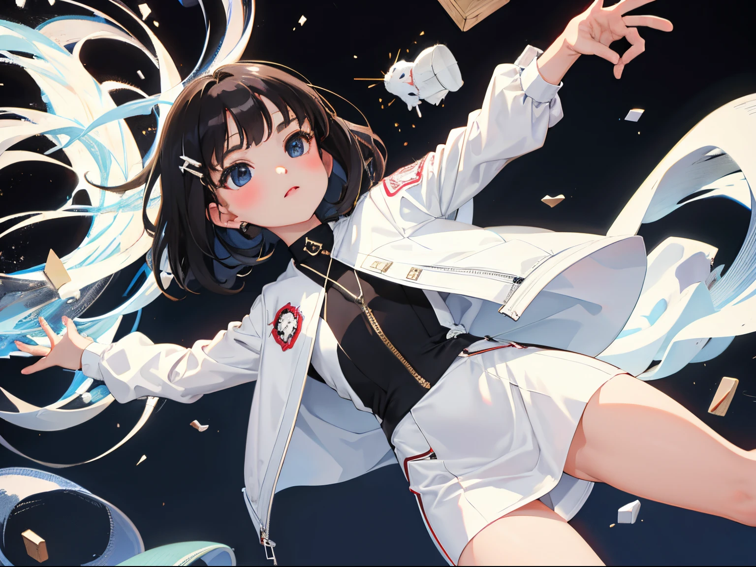 (child),is standing,(masterpiece,Highest Quality),(white denim zip up dress:1.4),shortsleeves,A dark-haired