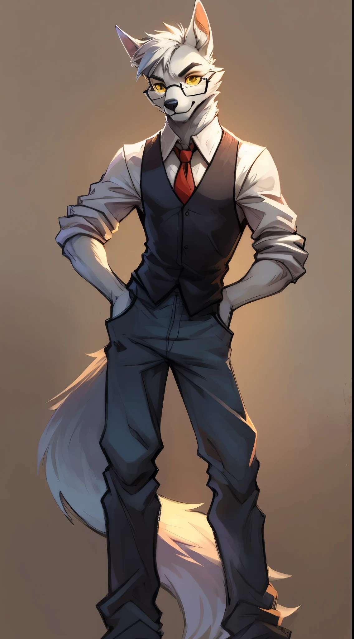 Male, arctic wolf, detailed yellow eyes, long tail, bartender, loose baggy jeans, slim, sly, simple background, glasses